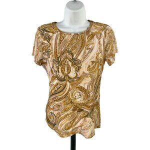 Tahari Women’s Beige Paisley Mesh Lined Short Sleeve Blouse - XS